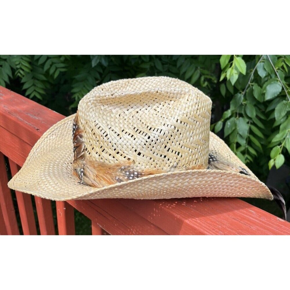 Larry Mahan Vintage Straw Hat Size 7 Western Braided Feather Cowboy Style - Picture 2 of 9